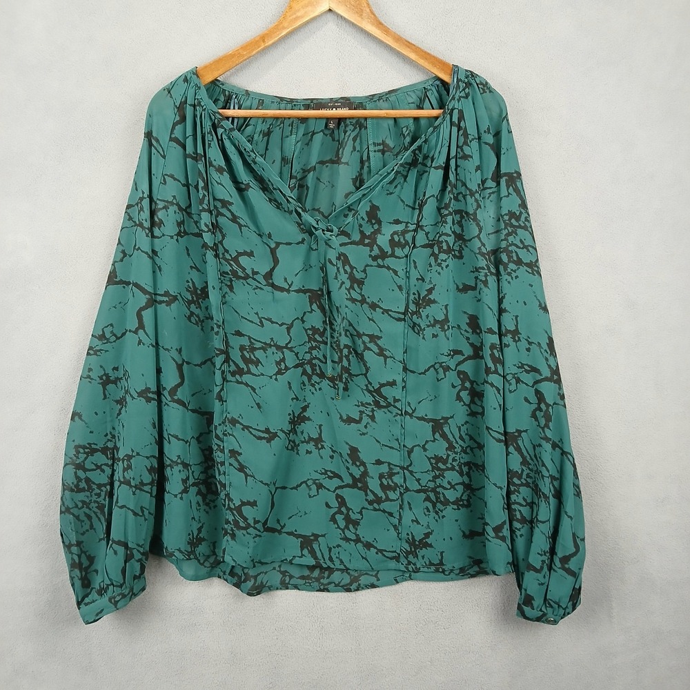 Lucky‎ Brand Top Womens Large Green Abstract Print V Neck Pleated Raglan Sleeve